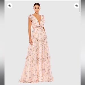 Mac Duggal- Ruffled Floral Print Cap Sleeve Gown